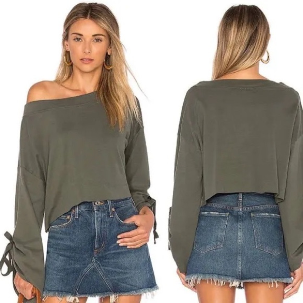 Free People Holala Green Cropped Sweatshirt